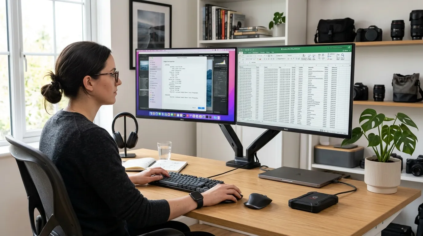 Photographer at dual monitor setup comparing file properties and CSV data