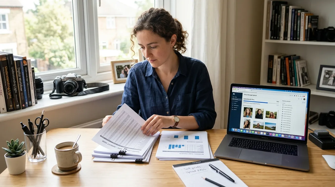 Photographer organizing data tables and laptop with upload interface