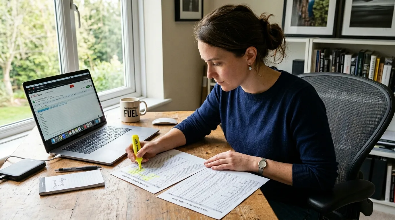 Photographer comparing keyword lists at a desk with laptop