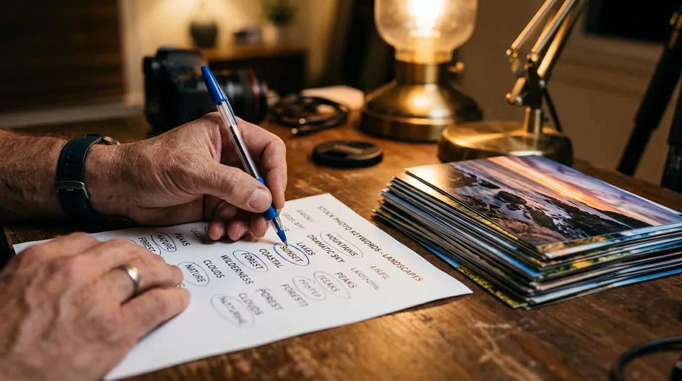 Close-up of hand circling keywords on a printed list