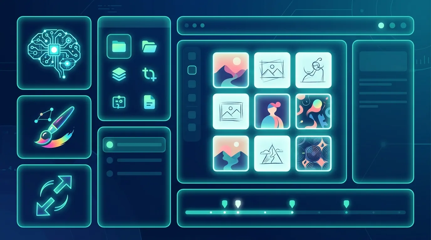 Dashboard with AI, grid, export, and tool panels