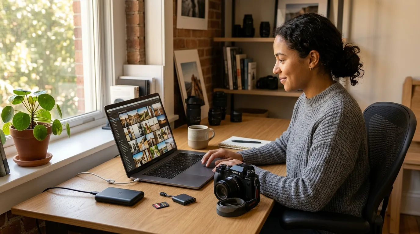 Person at desk with laptop and floating image thumbnails