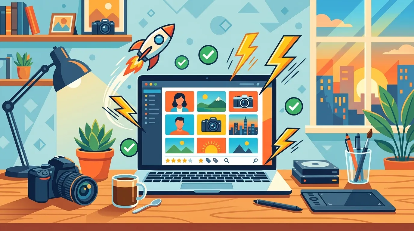 Photographer workspace with productivity symbols and laptop