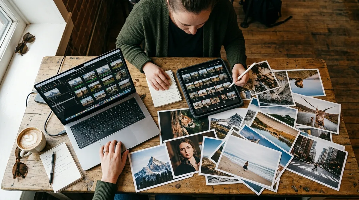 Photographer comparing multiple AI keywording tools on a laptop and tablet at a coffee shop