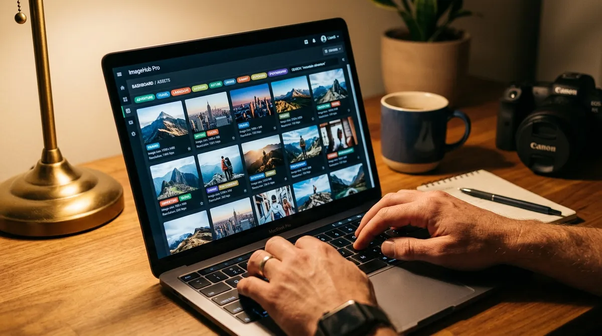 Close-up of a laptop showing a stock photo keywording dashboard with keyword tags