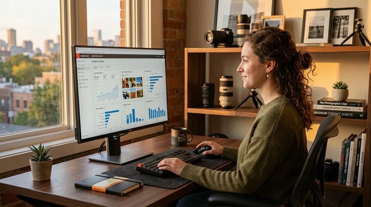 Freelance photographer reviewing stock photo analytics on a large monitor at a modern desk