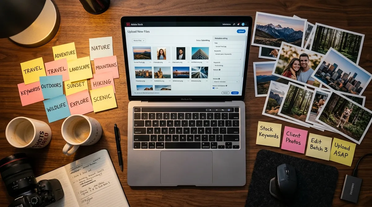 Photographer's workspace with laptop showing Adobe Stock upload, surrounded by printed photos and keyword sticky notes
