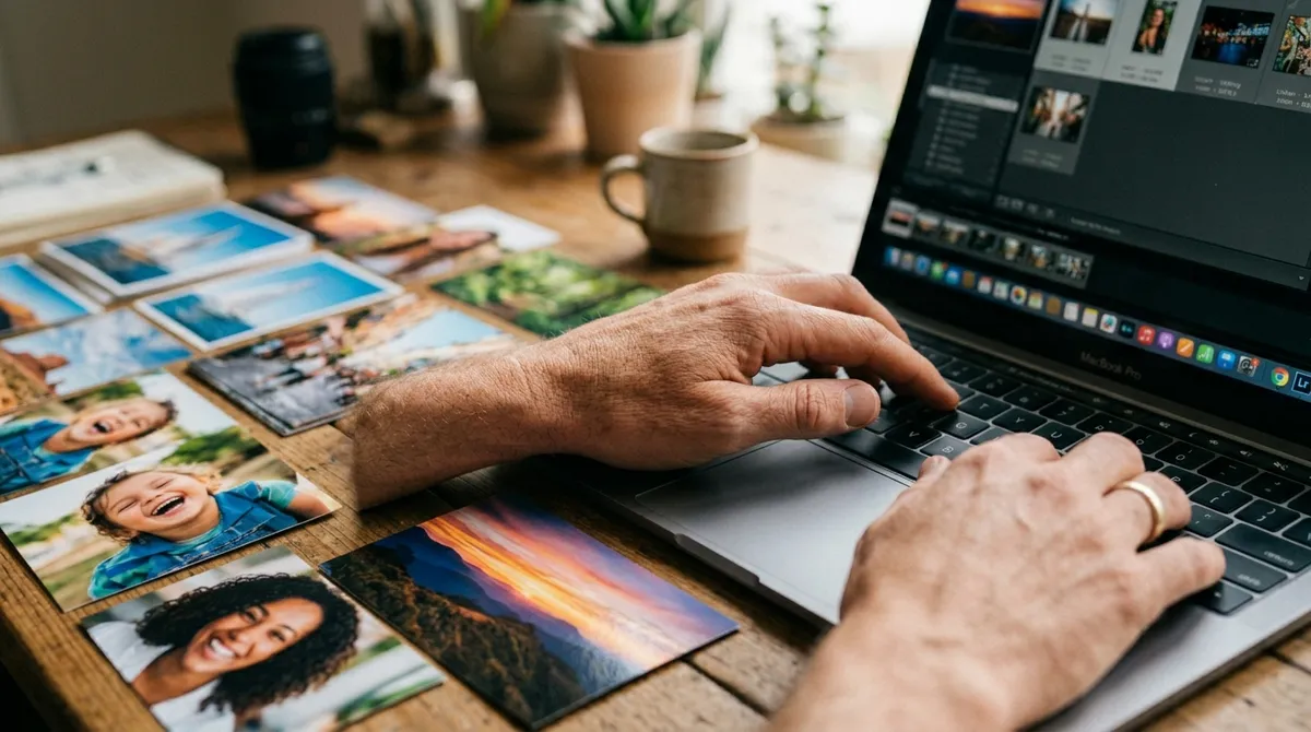Close-up of photographer's hands typing on a laptop with colorful printed stock photos beside it