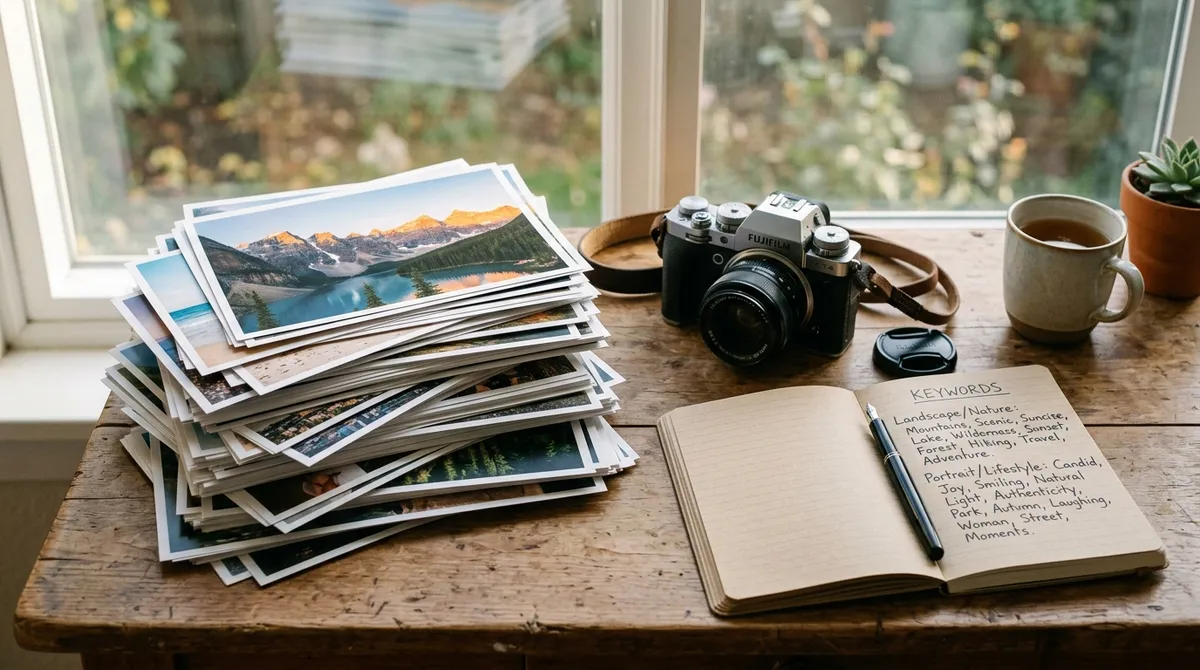 Stack of printed landscape and portrait stock photos on a wooden desk next to a camera and a notebook with handwritten keywords