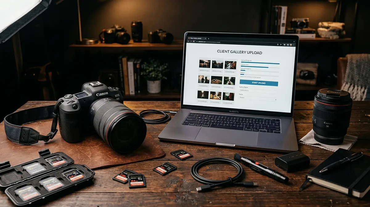 Professional camera on a desk next to a laptop showing a photo upload form with memory cards scattered around