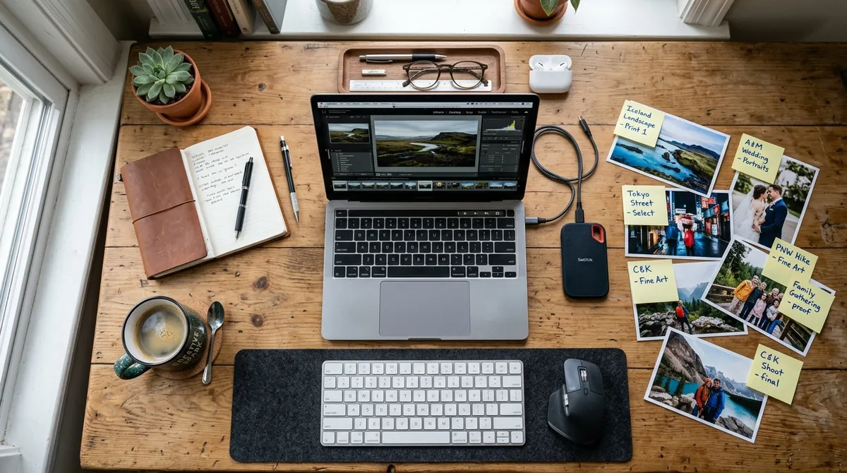 Overhead shot of a desk with a laptop, external hard drive, printed photos with sticky note labels and coffee mug