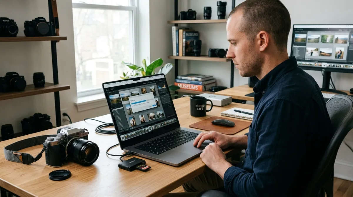 Photographer importing hundreds of photos from an SD card into a laptop at a clean modern workspace