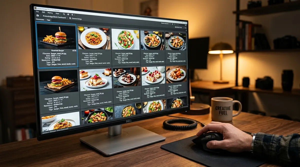 Close-up of a monitor displaying a grid of food photography stock photos with metadata fields