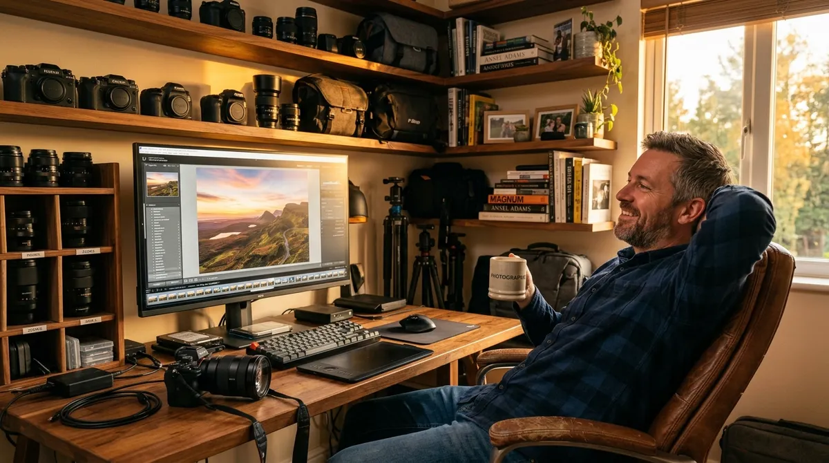Satisfied photographer leaning back in chair looking at a completed export on screen in a home office