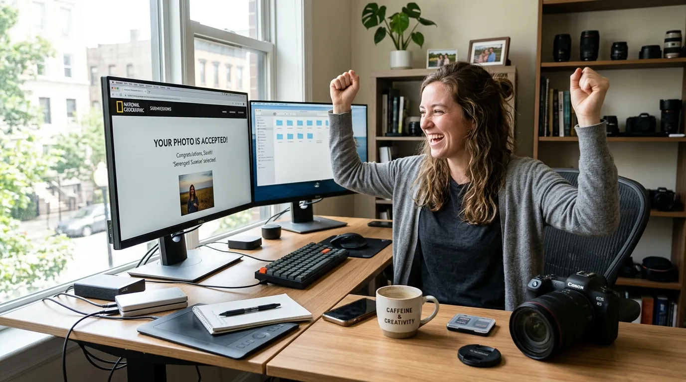 Photographer celebrating acceptance on screen